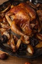 Close-up view of baked turkey stuffed with apples served with potato on black dish. Festive diner for thanksgiving day. Tasty meal