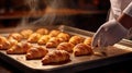 Close Up View Of Baker Preparing Golden Croissants For The Oven. Delicious Croissants Made By The Baker. Generative AI