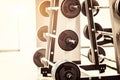 Close up view of barbell on floor in gym Royalty Free Stock Photo