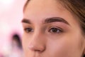 Close up view of beautiful brown female eye. Perfect trendy eyebrow. Good vision, contact lenses, brow bar or fashion eyebrow Royalty Free Stock Photo