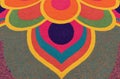 Close-up view of the beautiful colorful Indian traditional rangoli decoration for Diwali or Deepavali celebration