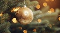 Close up view of beautiful fir branches with shiny golden bauble or ball, xmas ornaments and lights, Christmas holidays background Royalty Free Stock Photo