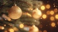 Close up view of beautiful fir branches with shiny golden bauble or ball, xmas ornaments and lights, Christmas holidays background Royalty Free Stock Photo
