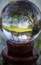 Close up view on beautiful landscape trees in blue sky and green meadow through lens ball sphere, france Royalty Free Stock Photo