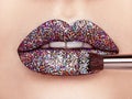 Close up view of beautiful woman lips with colorful lipstick Royalty Free Stock Photo