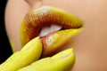 Close up view of beautiful woman lips with fashion makeup