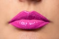 Close up view of beautiful woman lips with pink lipstick Royalty Free Stock Photo