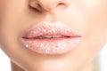 Close up view of beautiful woman lips with pink lipstick Royalty Free Stock Photo