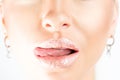 Close up view of beautiful woman lips with pink lipstick Royalty Free Stock Photo