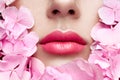 Close up view of beautiful woman lips with pink lipstick Royalty Free Stock Photo