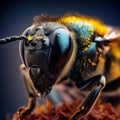 Close up view of bee sitting. Macro shot of insect on grass. generative ai Royalty Free Stock Photo