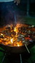 Beef meat barbecue on a metal grilled with open fire