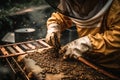 A close-up view of a beekeeper carefully tending to a buzzing beehive, wearing protective gear, and using a smoker to calm the