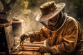 A close-up view of a beekeeper carefully tending to a buzzing beehive, wearing protective gear, and using a smoker to calm the