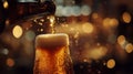 Close-up of Beer Pouring from Bottle into Glass with Frothy Head on Dark Background Royalty Free Stock Photo
