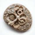 Detailed Closeup of Beige Fossilized Specimen with Intricate Gear-like Patterns on White Background
