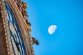 Close up view of the Big Ben clock tower with a moon in the background. Royalty Free Stock Photo