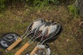 Close up view of big fishes on grill isolated. Food background. Outdoor backgrounds Royalty Free Stock Photo