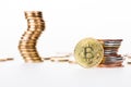 close-up view of bitcoin and stacked coins Royalty Free Stock Photo