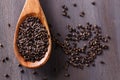 Close up view of black barley grains on wooden spoon Royalty Free Stock Photo
