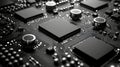 Close-Up View of a Black Circuit Board with Chips and Microprocessors in High Detail Royalty Free Stock Photo