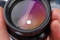 close-up view of black large format photographic lens with closed iris aperture unit with 20 blades Royalty Free Stock Photo