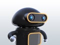 Close up view of black robot looking straight ahead on gray background