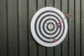 Close up view of black and white dart board on wooden black wall background. Royalty Free Stock Photo