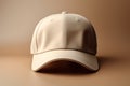 Close up view of blank beige cap on background, perfect for mockup