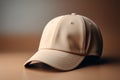 Close up view of blank beige cap on background, perfect for mockup