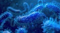 Close-up view of blue bacteria with spiky structures in a dark background. The scene highlights microscopic life forms in Royalty Free Stock Photo
