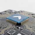 Close-up view of a blue computer microchip on a circuit board Royalty Free Stock Photo