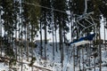 Close-up view of the blue empty chair of the modern ski lift in the ski resort Bukovel Royalty Free Stock Photo