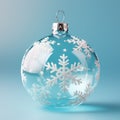 Close up view of blue made of glass transparent Christmas ball with relief snowflakes. Decoration shiny bauble. Minimalist design Royalty Free Stock Photo