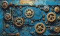 close-up view blue metal surface adorned with gold and silver gears and cogs, creating complex mechanical