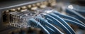 The close-up view of blue network cables connected to a data switch. AI generated image Royalty Free Stock Photo