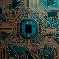 Close up view of a blue and orange circuit board. Electronic microchip with tracks Royalty Free Stock Photo