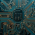 Close up view of a blue and orange circuit board. Electronic microchip with tracks Royalty Free Stock Photo