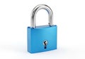A close-up view of a blue padlock with a silver key inserted in the keyhole Royalty Free Stock Photo
