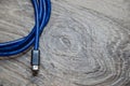 Close-up view of a blue USB cable Royalty Free Stock Photo