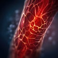 Close-up view of bone marrow, which is located in center of thighbone. It appears to be red and swollen due to an Royalty Free Stock Photo