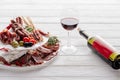 Close up view of bottle and glass of red wine and various meat appetisers with olives Royalty Free Stock Photo