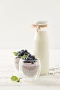 close up view of bottle of milk and chia puddings with fresh blueberries and mint on white surface Royalty Free Stock Photo