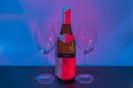 Close-up view of bourgogne wine bottle and two glasses in red light on blue background isolated. Royalty Free Stock Photo