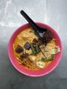 Close up view of a bowl of curry noodles or locally called