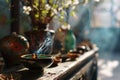 A close up view of a bowl of incense on a table. This image can be used to create a calm and peaceful atmosphere in Royalty Free Stock Photo