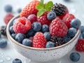 Close-up view of a bowl of mixed berries, featuring ripe strawberries, raspberries, blueberries, and blackberries. Generative AI Royalty Free Stock Photo