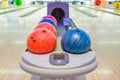Close-up view of bowling balls.