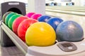 Close-up view of bowling balls