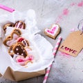 Close-up view of box with sweet gourmet valentines cookies with love label Royalty Free Stock Photo